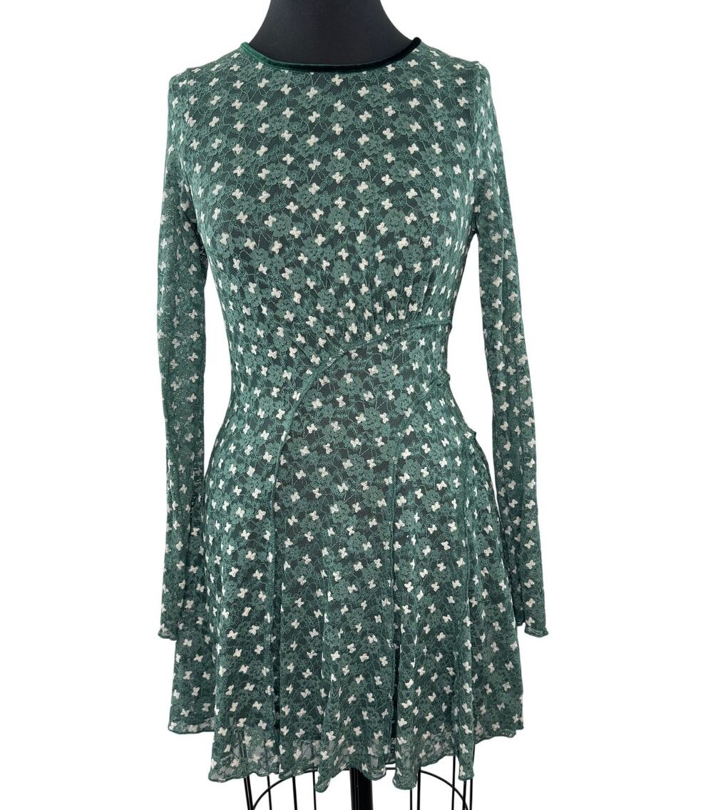 FREE PEOPLE Green Fit & Flare Dress Sheer Delight Low Back Cut Party Sz S Small